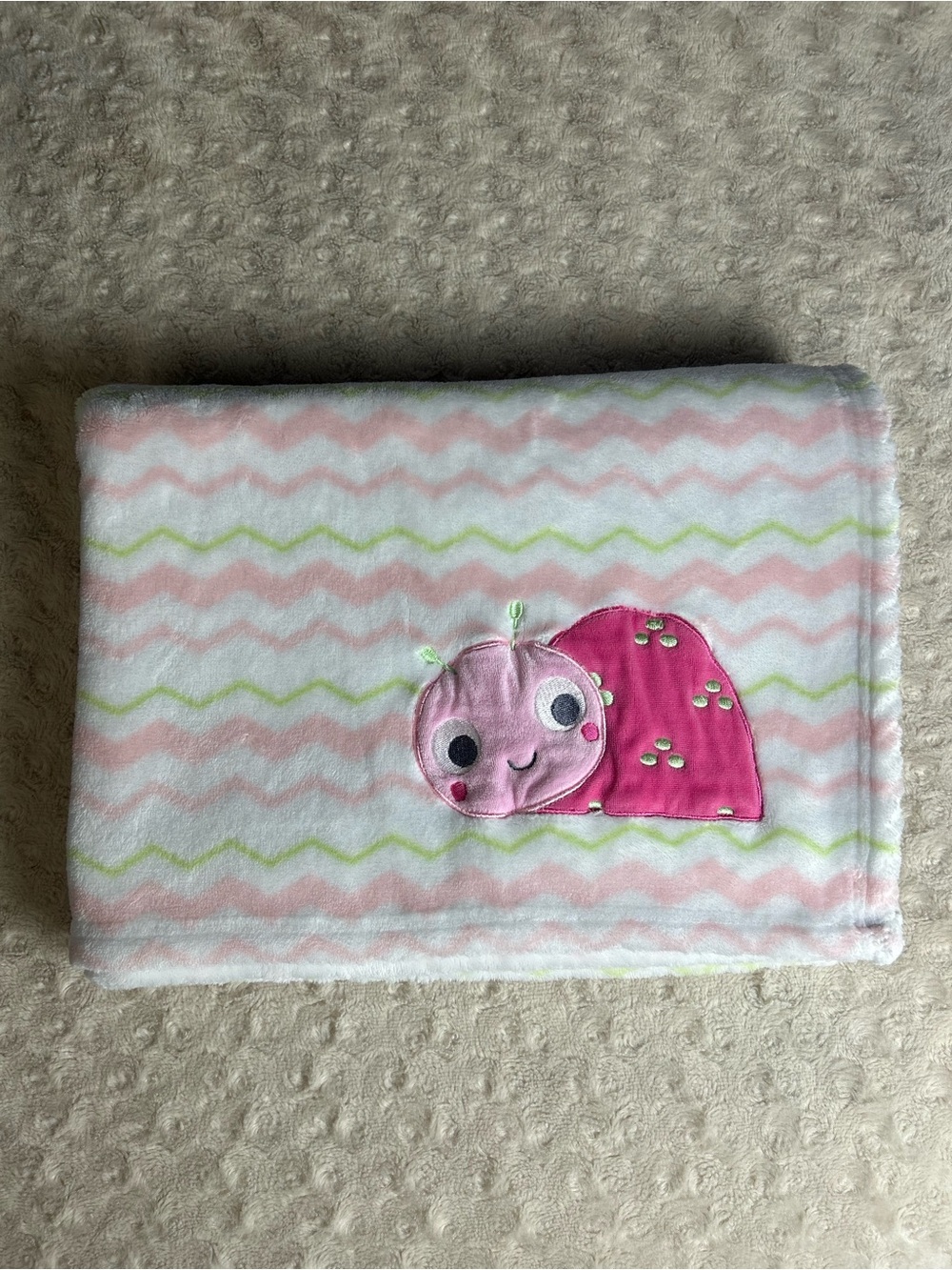 Baby Essentials Ladybug Blanket Pink White Green Chevron Stripes Zig Zag Bug